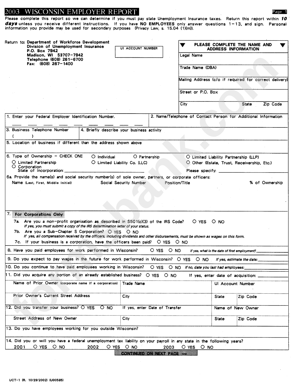 Form Uct-1 - Wisconsin Employer Report - 2003