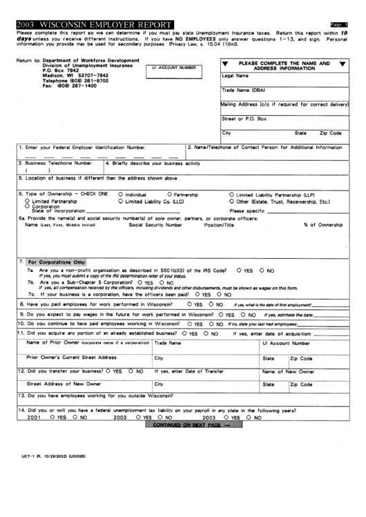 Form Uct-1 - Wisconsin Employer Report - 2003 Printable pdf