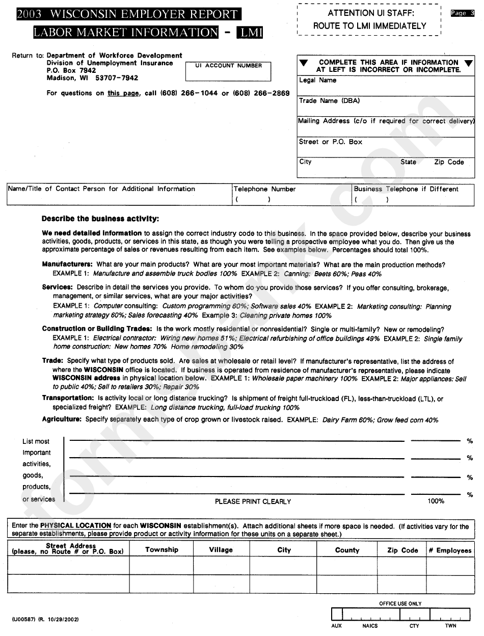 Form Uct-1 - Wisconsin Employer Report - 2003