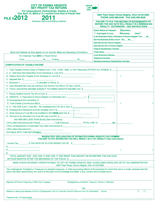 Net Profit Tax Return Form - City Of Parma Heights - 2012 Printable pdf