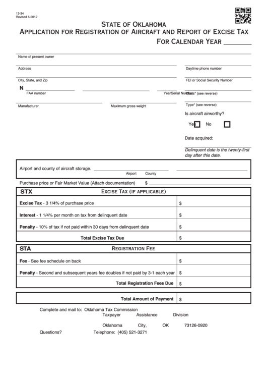 Fillable Form 13-34 - Application For Registration Of Aircraft And Report Of Excise Tax Printable pdf