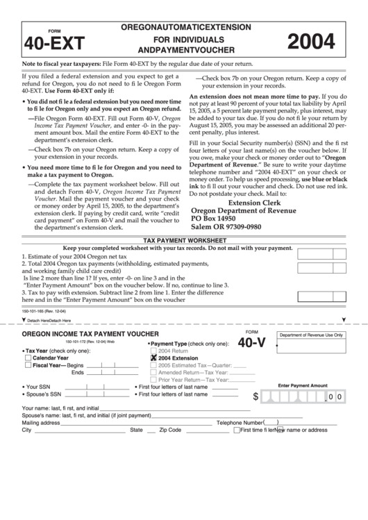 Fillable Form 40-Ext - Oregon Automatic Extension For Individuals And Payment Voucher - 2004 Printable pdf