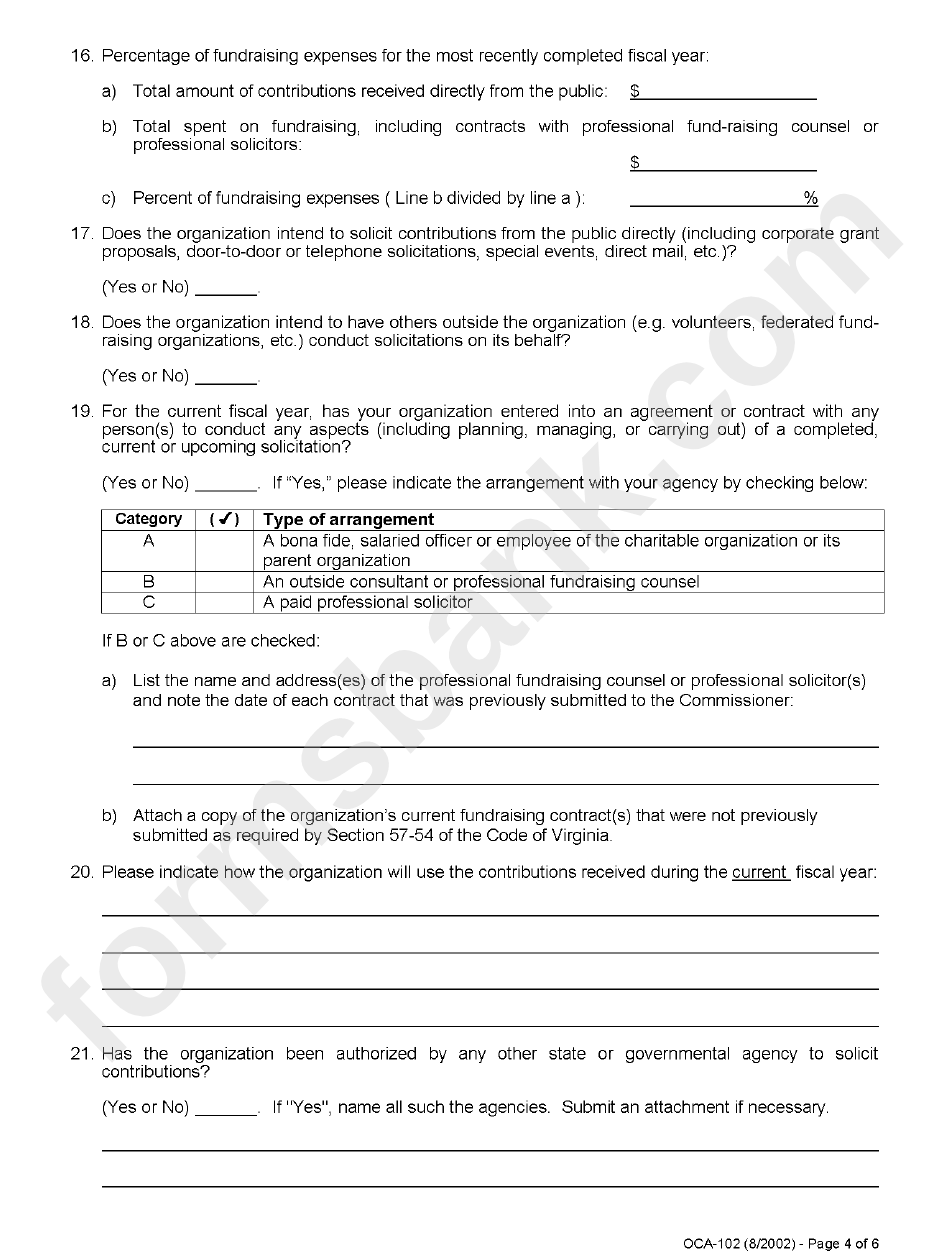 Form Oca-102 - Registration Statement For Charitable Organization
