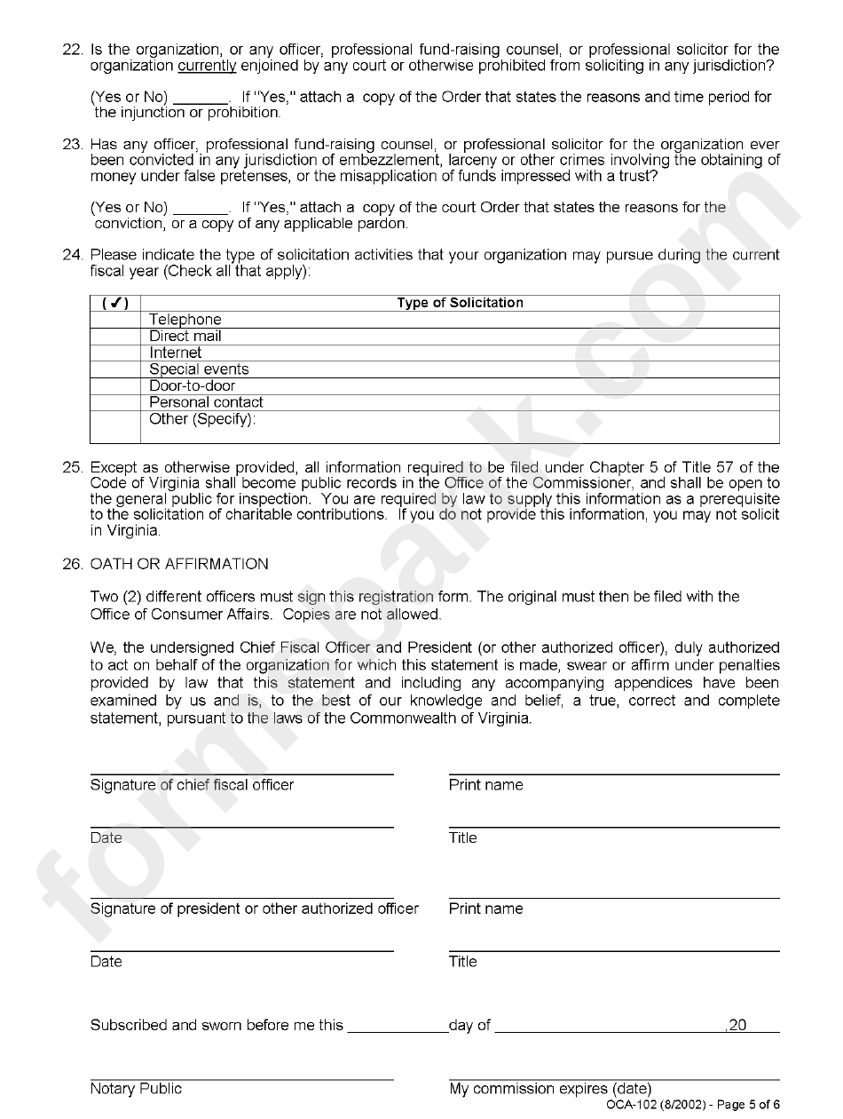 Form Oca-102 - Registration Statement For Charitable Organization