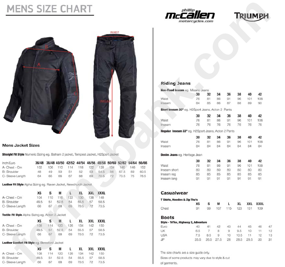 Triumph Mens Clothing Size Chart