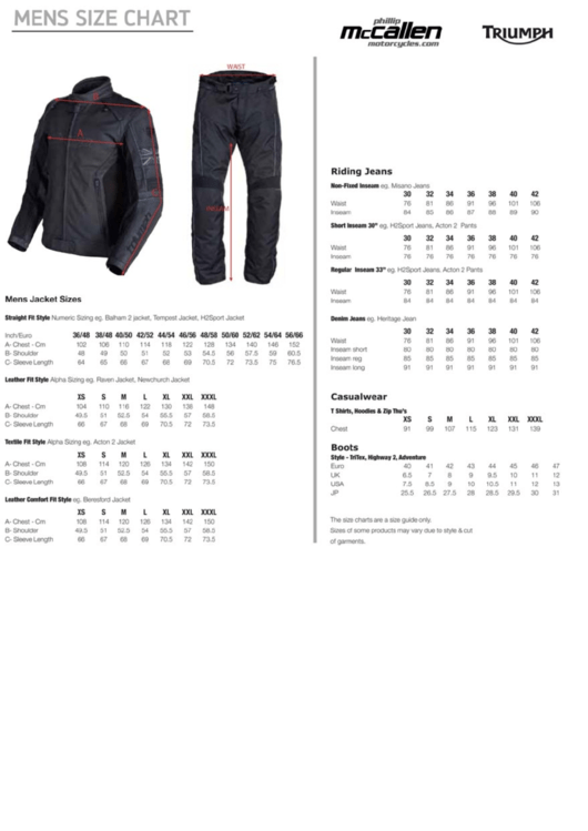 Triumph Mens Clothing Size Chart Printable pdf