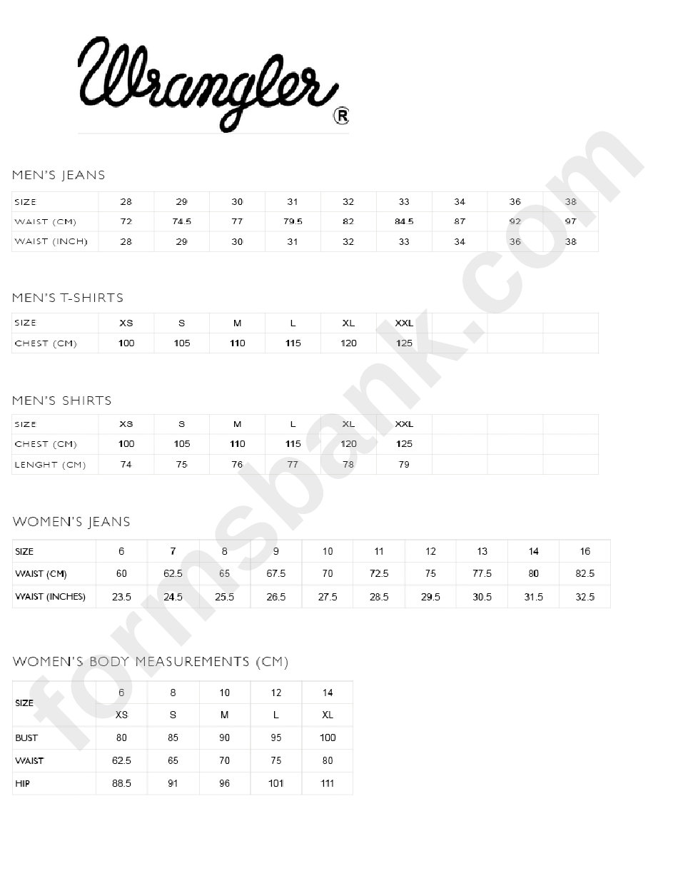 Wrangler Apparel Size Chart printable pdf download