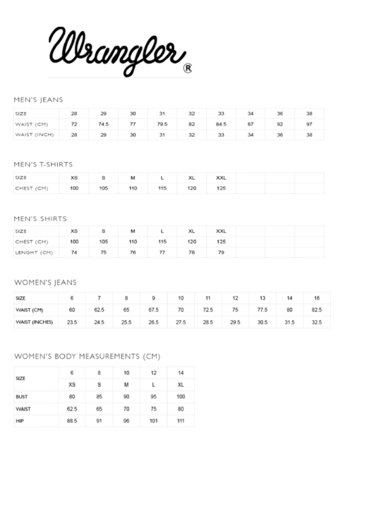 Wrangler Apparel Size Chart Printable pdf