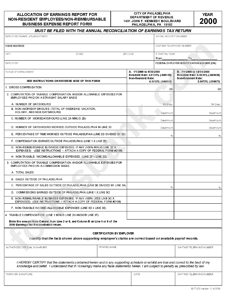 Form 83-T-320 -Allocation Of Earnings Report For Non-Resident Employees/non- Reimbursable Business Expence Report Form - 2012