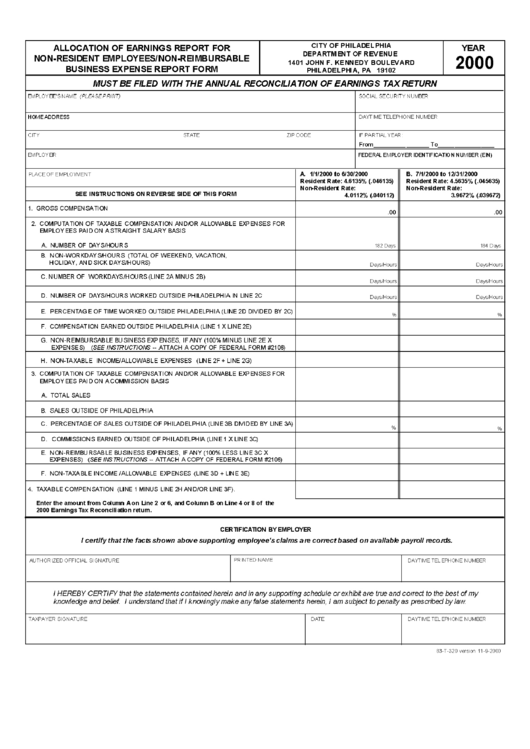 Form 83-T-320 -Allocation Of Earnings Report For Non-Resident Employees/non- Reimbursable Business Expence Report Form - 2012 Printable pdf