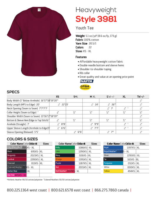 Heavyweight Style 3981 Youth Tee Size Chart