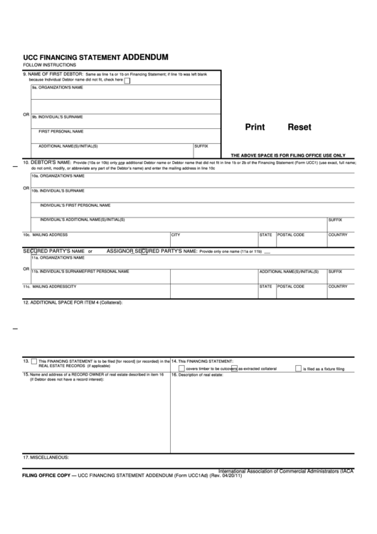 Fillable Form Ucc1ad - Ucc Financing Statement Addendum Printable pdf