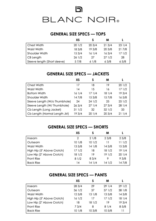 Blanc Noir General Size Chart Printable pdf