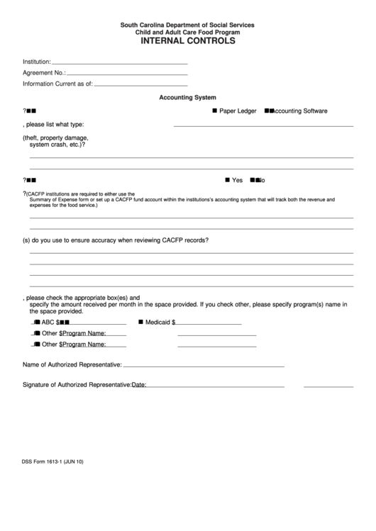 Dss Form 1613-1 - Internal Controls - South Carolina Department Of Social Services - Child And Adult Care Food Program Printable pdf