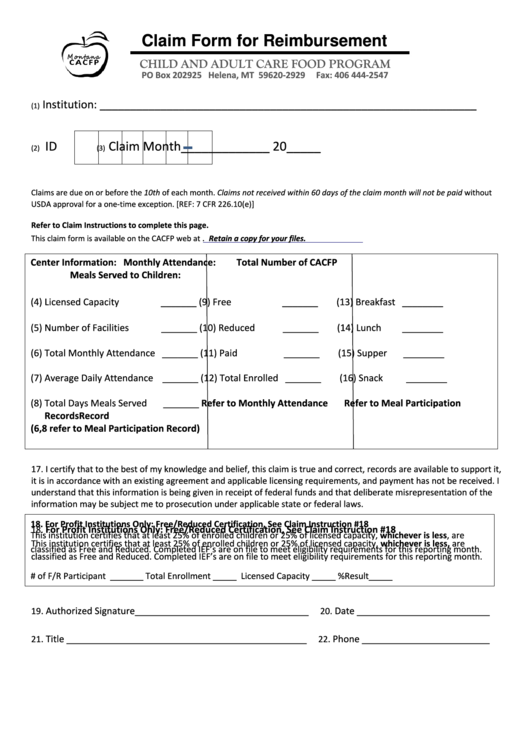 Claim For Reimbursement - Child And Adult Care Food Program Form Printable pdf