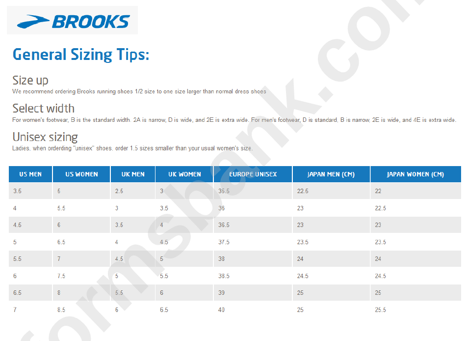 Brooks General Sizing Chart And Tips