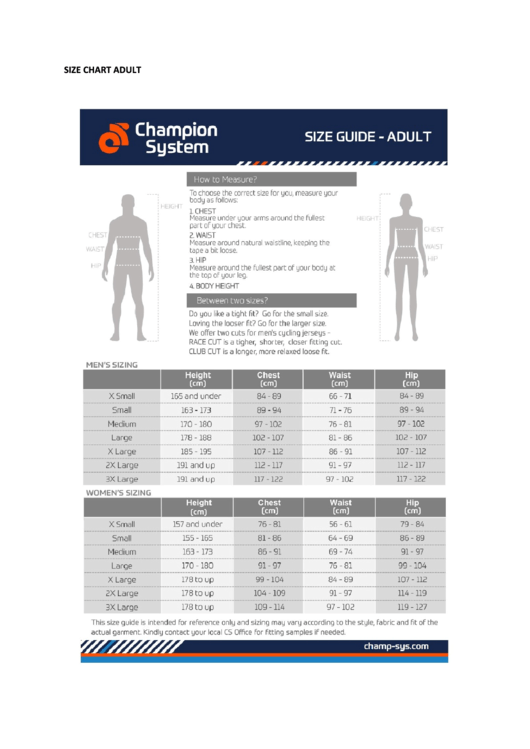 Champion System - Size Chart For Adults And Children Printable pdf