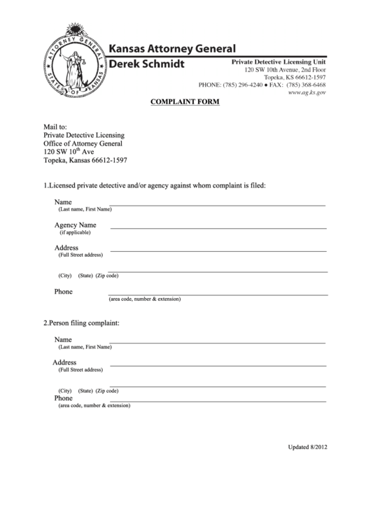Fillable Complaint Form - Kansas Attorney General Printable pdf