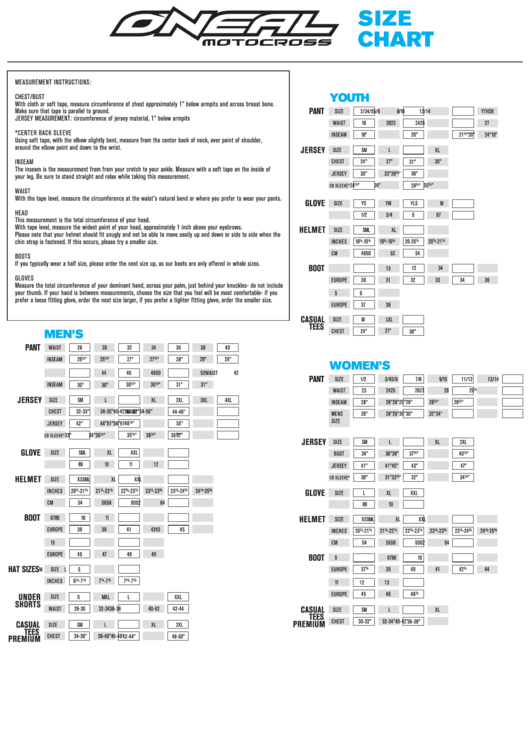 Oneal Motocross Size Chart Printable pdf