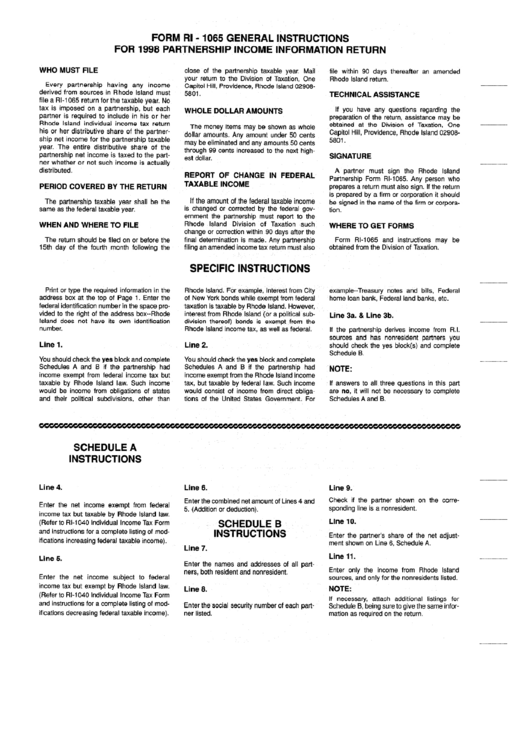 Instructions For Form Ri-1065 - 1998 Partnership Income Information Return Printable pdf