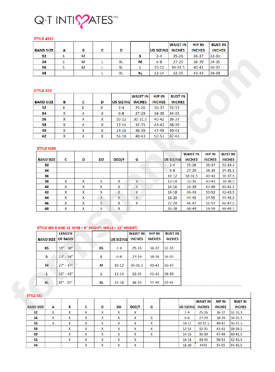 Q-T Intimates Bra Sizing Chart