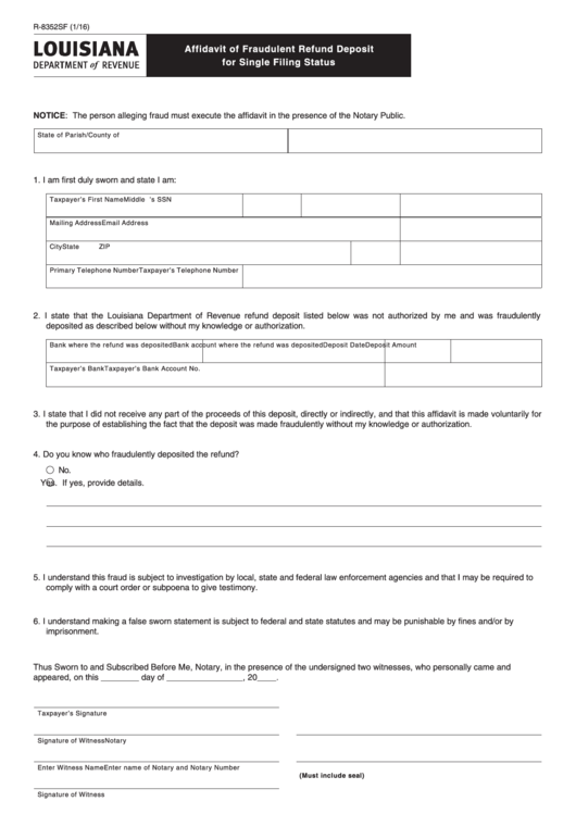 Fillable Form R-8352sf - Affidavit Of Fraudulent Refund Deposit For Single Filing Status Printable pdf