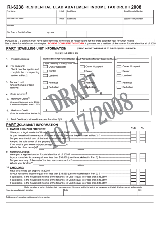 Form Ri-6238 Draft - Residential Lead Abatement Income Tax Credit - 2008