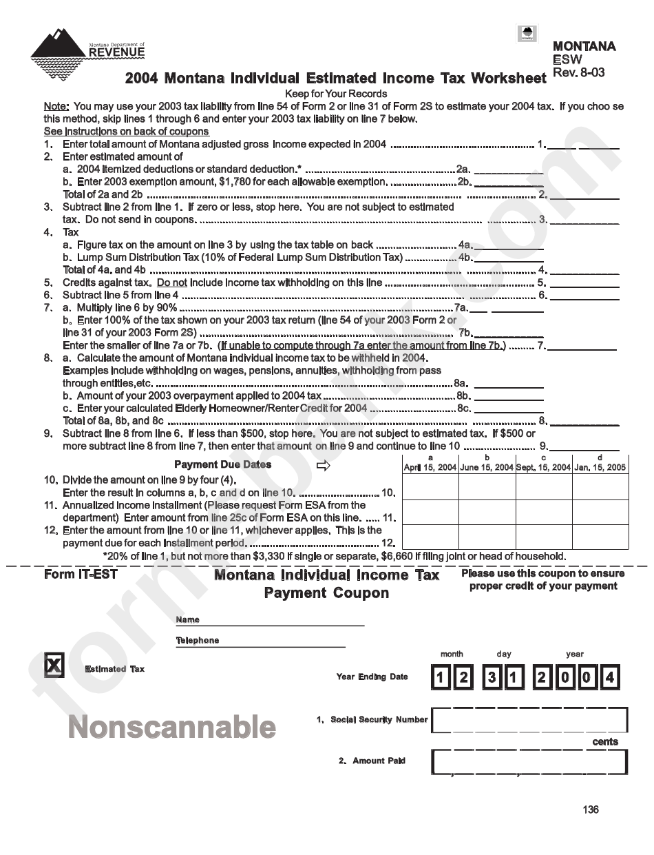 Form Esw - Montana Individual Estimated Income Tax Withheld - 2004