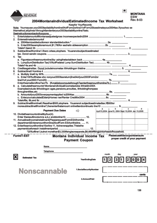 Form Esw - Montana Individual Estimated Income Tax Withheld - 2004 Printable pdf