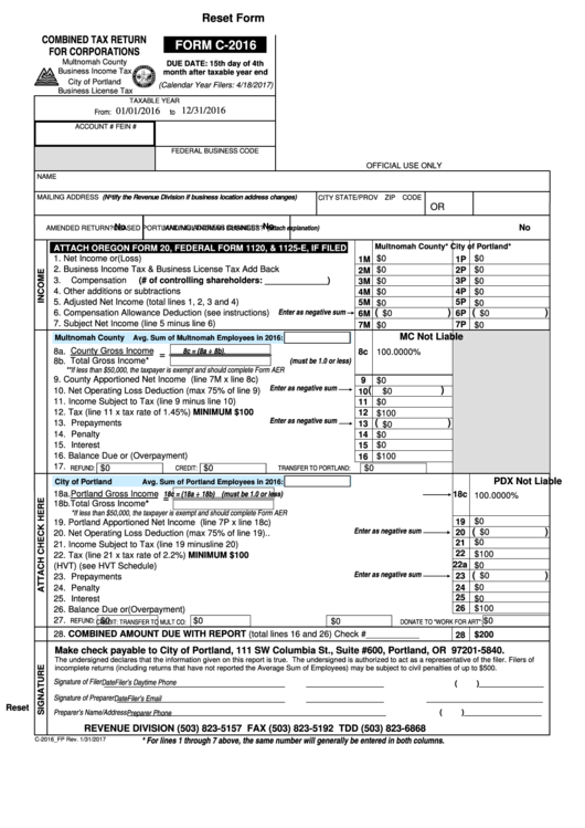 Fillable Form C-2016 - Combined Tax Return For Corporations Printable pdf