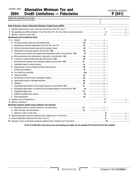 California Schedule P (541) - Alternative Minimum Tax And Credit Limitations - Fuduciaries - 2004 Printable pdf