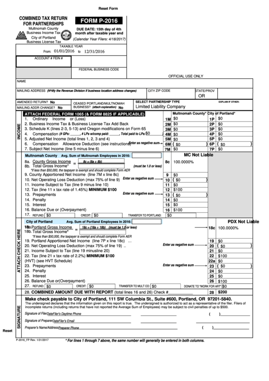 Fillable Form P-2016 - Combined Tax Return For Partnerships Printable pdf