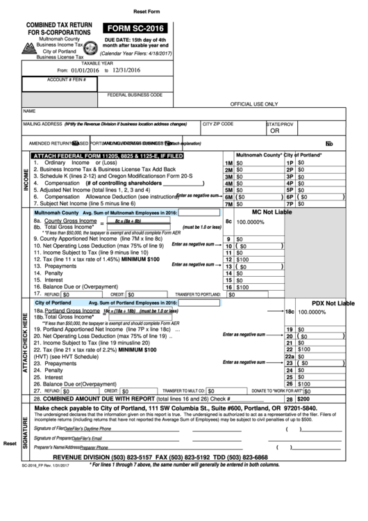 Fillable Form Sc-2016 - Combined Tax Return For S-Corporations Printable pdf