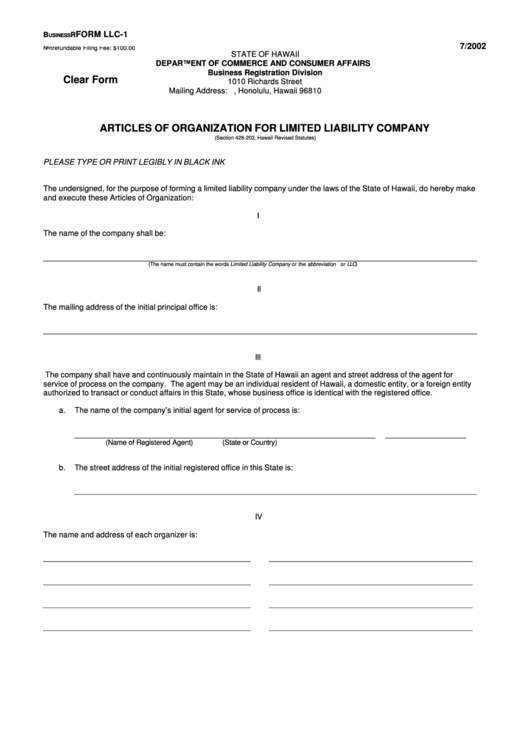 Fillable Form Llc-1 - Articles Of Organization For Limited Liability Company - Hawaii Department Of Commerce And Consumer Affairs Printable pdf