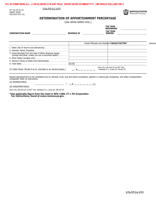 Fillable Form Rct-106 - Determination Of Apportionment Percentage Printable pdf