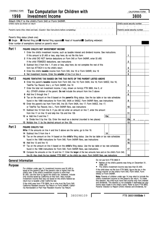 Fillable California Form 3800 - Tax Computation For Children With Investment Income- 1998 Printable pdf