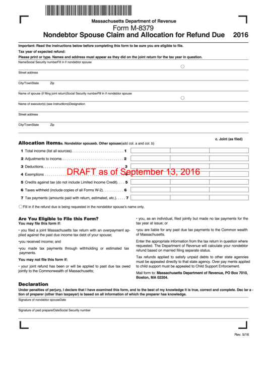 Form M-8379 Draft - Nondebtor Spouse Claim And Allocation For Refund - 2016 Printable pdf