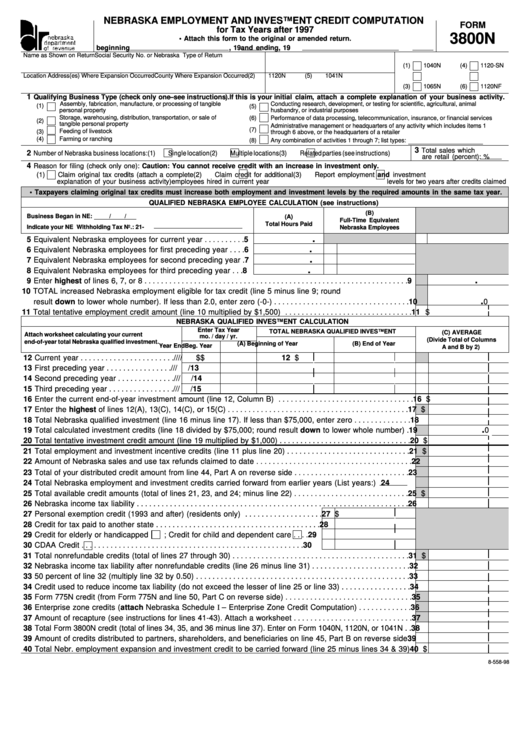 Fillable Form 3800n - Nebraska Employment And Investment Credit Computation For Tax Years After 1997 Printable pdf