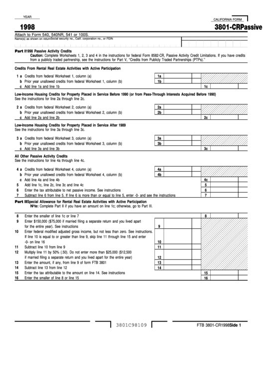 Fillable California Form 3801-Cr - Passive Activity Credit Limitations - 1998 Printable pdf