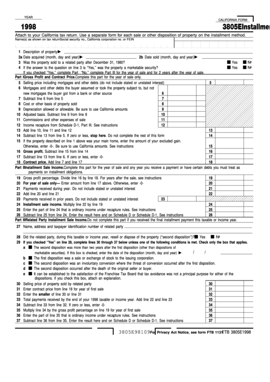 Fillable California Form 3805e - Installment Sale Income - 1998 Printable pdf
