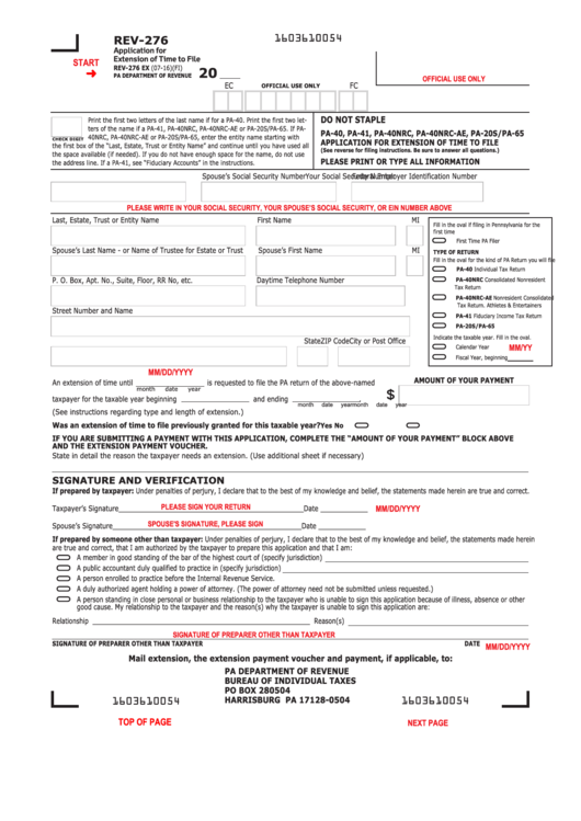 Fillable Form Rev-276 - Application For Extension Of Time To File - 2016 Printable pdf