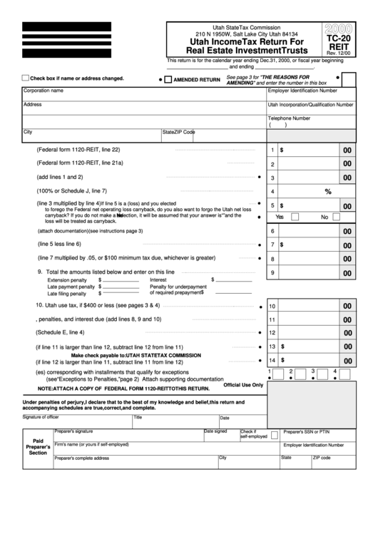 Form Tc-20 - Utah Income Tax Return For Real Estate Investment Trusts - 2000 Printable pdf