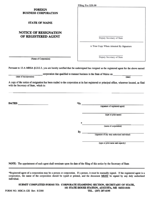 Form Mbca-12e - Notice Of Resignation Of Registered Agent Printable pdf