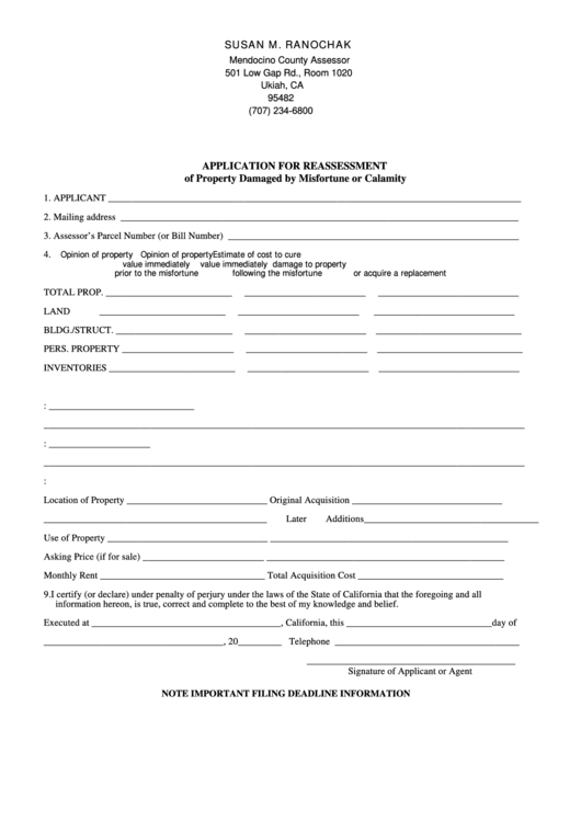 Application For Reassessment Of Property Damaged By Misfortune Or Calamity - Mendocino County Assessor Printable pdf