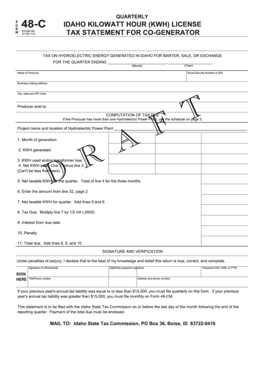 Form 48-C Draft - Idaho Kilowatt Hour (Kwh) License Tax Statement For Co-Generator Printable pdf