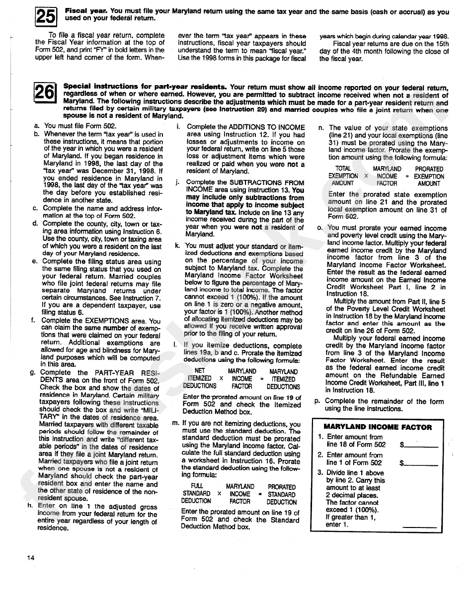 Instructions For Maryland Resident Income Tax Returns Forms 502 And 123 - 1998