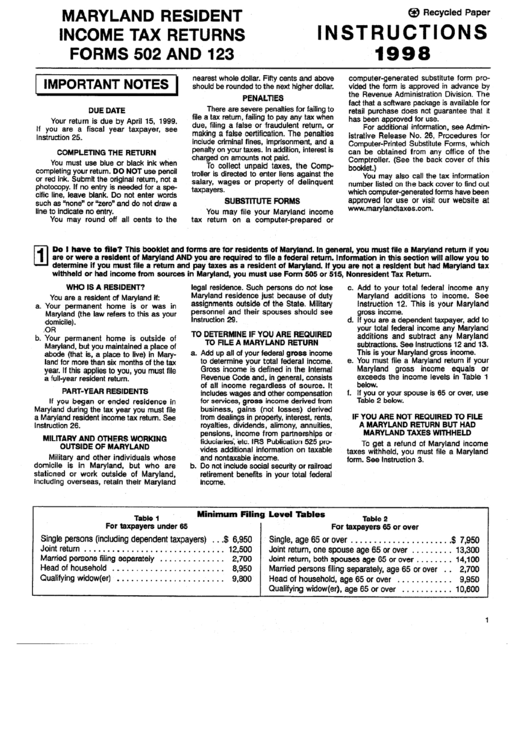 Instructions For Maryland Resident Income Tax Returns Forms 502 And 123 - 1998 Printable pdf