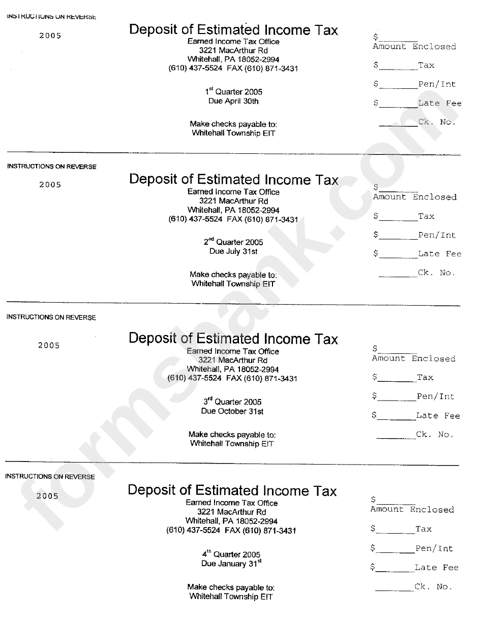 Deposit Of Estimated Income Tax Form - 2005