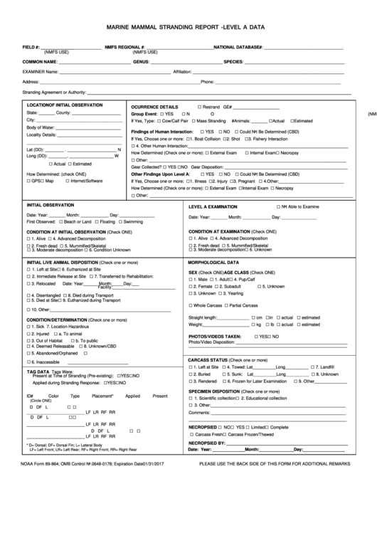 Noaa Form 89-864 - Marine Mammal Stranding Report - Level A Data - 2017 Printable pdf