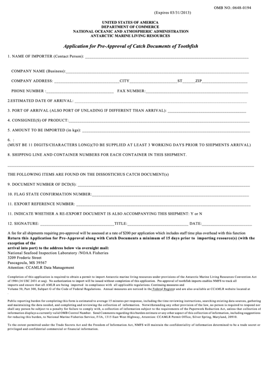 Application For Pre-Approval Of Catch Documents Of Toothfish - Us Department Of Commerce Printable pdf